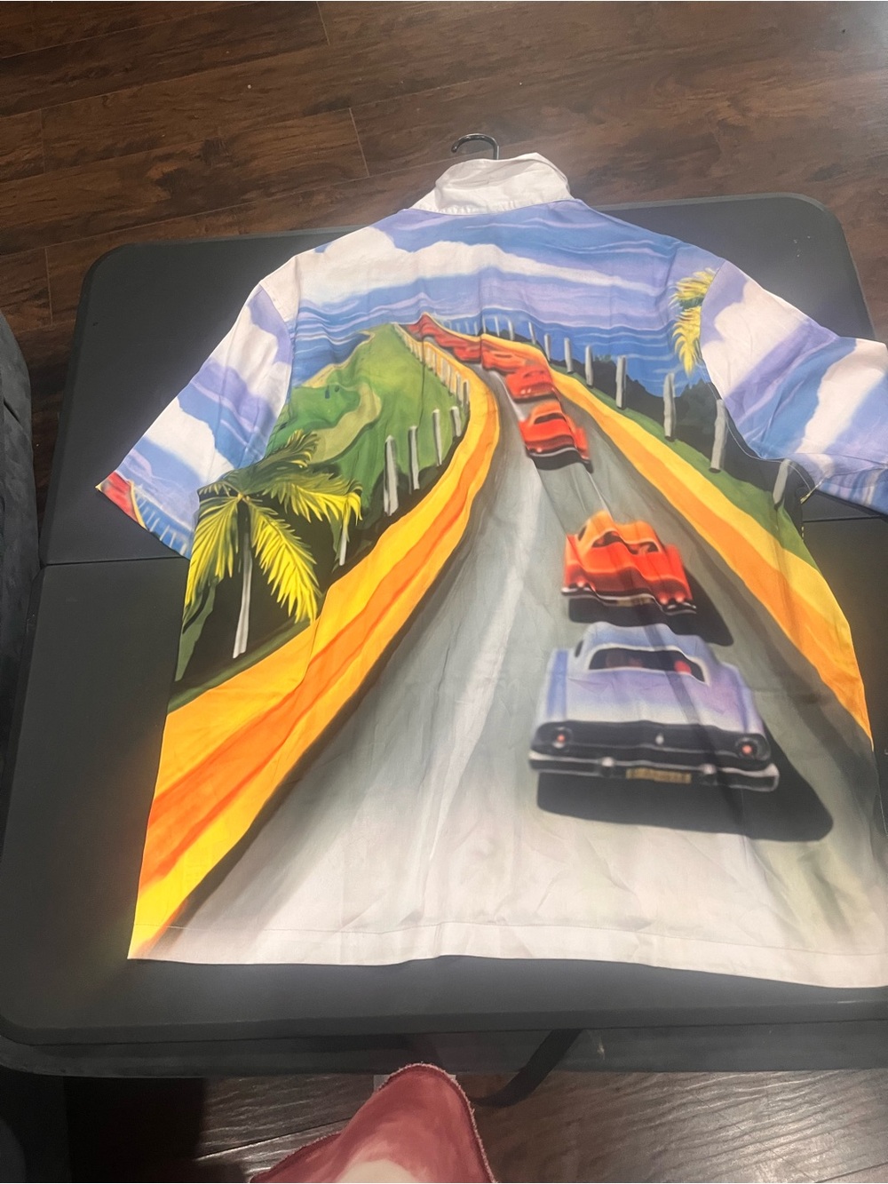 ASOS Vintage Race Car Scenic Print Short Sleeve Shirt — Blue, Yellow, Red, Green